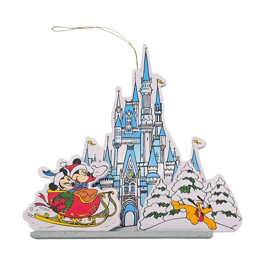 Vintage Disney‎ Wooden Christmas Ornaments Set 1987 Mickey Mouse Castle Holiday